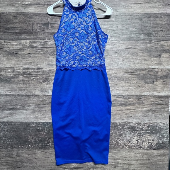 Elegant Royal Blue Halter Sheath Midi Dress - Picture 1 of 8